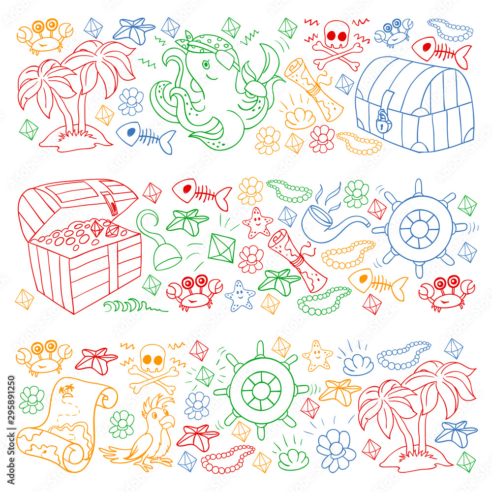 Vector set with pirate elements for birthday party for little children. Kids pattern with octopus, beach, treasure chest, ship Vector set with pirate elements for birthday party for little children. Kids pattern with octopus, beach, treasure chest, ship