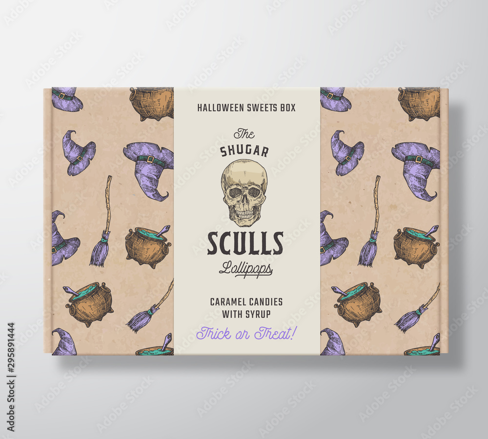 Obraz premium Halloween Sweets Pattern Realistic Cardboard Box with Banner. Abstract Vector Packaging Design. Hand Drawn Witch Hat, Broom, Cauldron and Scull Sketches. Craft Paper Background Layout.