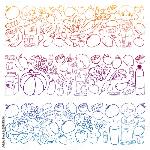 Vector banners with children eating healthy food. Fruits and vegetables. Kids like milk, dairy products. Pattern for store, mall, menu, cafe, restaurants.
