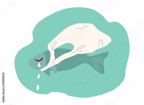Water pollution, ecology concept illustration template. Sad fish cartoon character surrouned by plastic waste underwater. Flat style vector art.