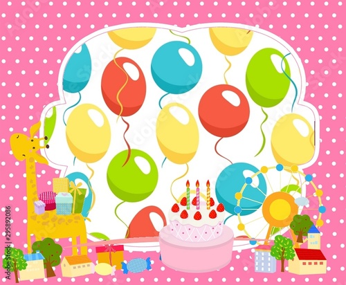 happy birthday party card with cake and colorful balloons