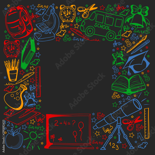 Vector pattern with school icons. Back to school. Geography, geometry, mathematics, physics, chemistry, astronomy