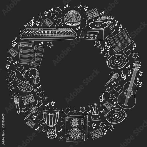 Vector pattern with musical intstruments. Rock  jazz  disco  karaoke. Modern and classic music. Doodle style icons.