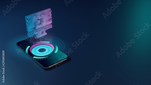 3D rendering neon holographic phone symbol of monitor icon on dark background