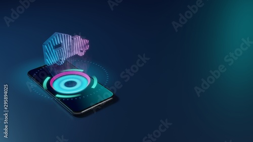 3D rendering neon holographic phone symbol of moving icon on dark background
