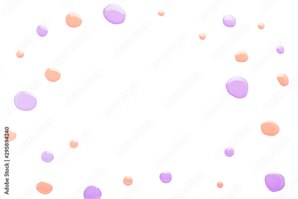 Nail polish drops pattern with blank frame in center background in trendy orange and purple colors. Abstract paint circles background for beauty and fashion, copy space