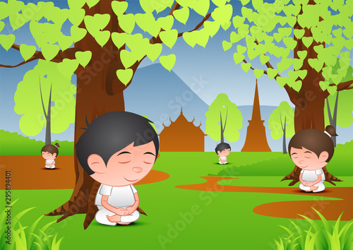 Big bubble head man and woman cartoon meditation under tree in forest to practice mind and learn Dharma,vector illustration