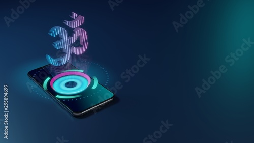 3D rendering neon holographic phone symbol of om icon on dark background