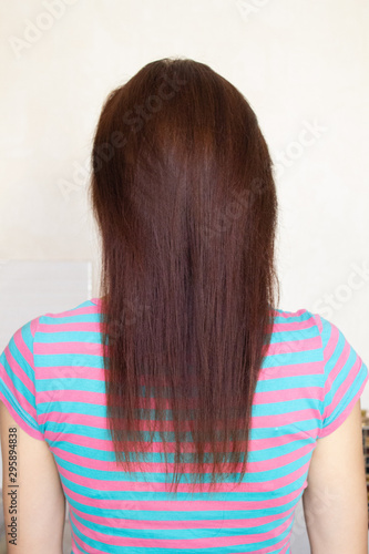 Long female hair chestnut color behind the girl