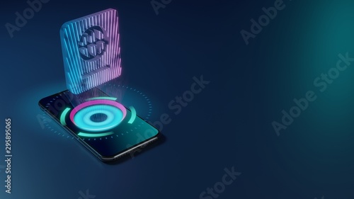 3D rendering neon holographic phone symbol of passport icon on dark background