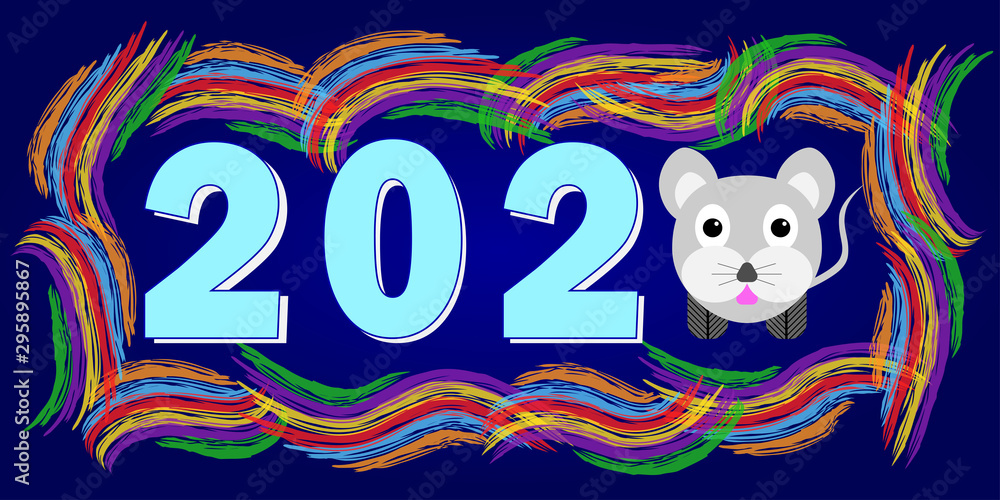 New Year greetings with text 2020 and mouse symbol of the year illustration - mouse