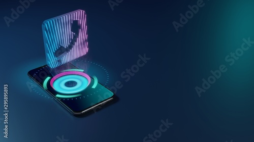 3D rendering neon holographic phone symbol of phone square icon on dark background