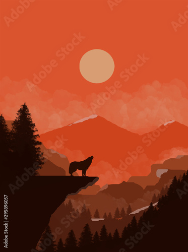 wolf howling at sunset