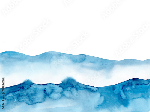 Watercolor blue winter snowing background, Look like wave and sea. Original painting on watercolour paper. Illustration for decoration element. Backdrop with ocean water. Minimalism, monochromatic. © vittmann