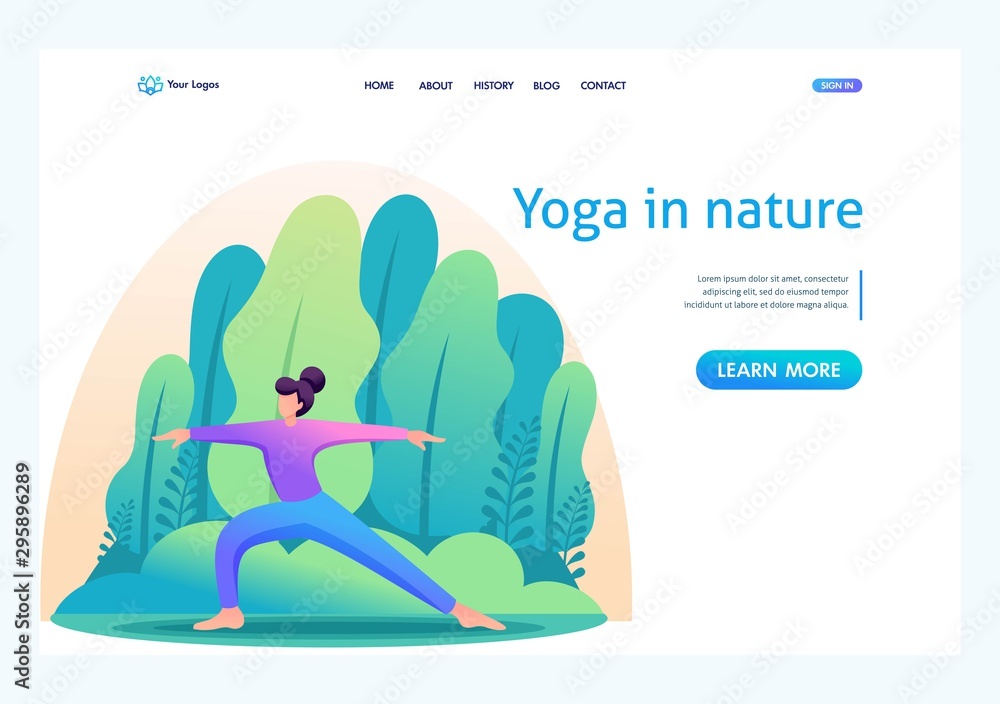 Yoga girl surrounded by plants outdoors, in the Park, in the forest. Flat 2D character. Landing page concepts and web design