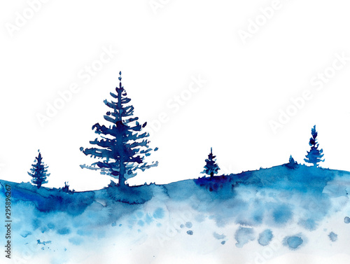 Watercolor winter design forest and blue Christmas snow background. Hand painting Illustration for print, texture, wallpaper or element. Beautiful watercolour wood isolated on white For cards