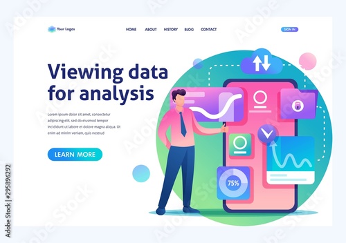 Young entrepreneur works with data on the smartphone screen. View data for analysis. Flat 2D character. Landing page concepts and web design