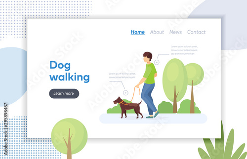 Dog walking website landing page. Guy walk a dog on a leash. Boy character cartoon vector illustration