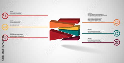 3D illustration infographic template with embossed cube randomly divided to six moved parts