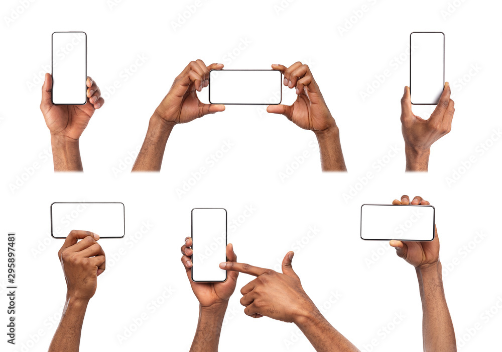 Black hands holding smart phone with blank screen isolated on white ...