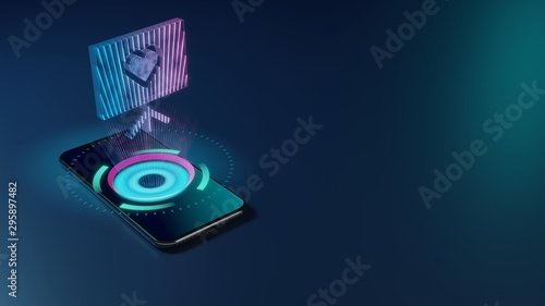 3D rendering neon holographic phone symbol of presentation  icon on dark background