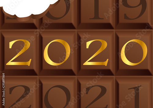 Carte de vœux 2020 avec une tablette de chocolat au lait en partie croquée pour symboliser le plaisir et la gourmandise