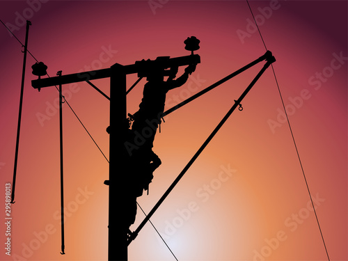 The silhouette of power lineman use insulated tool to replacement line post insulator on energized high-voltage