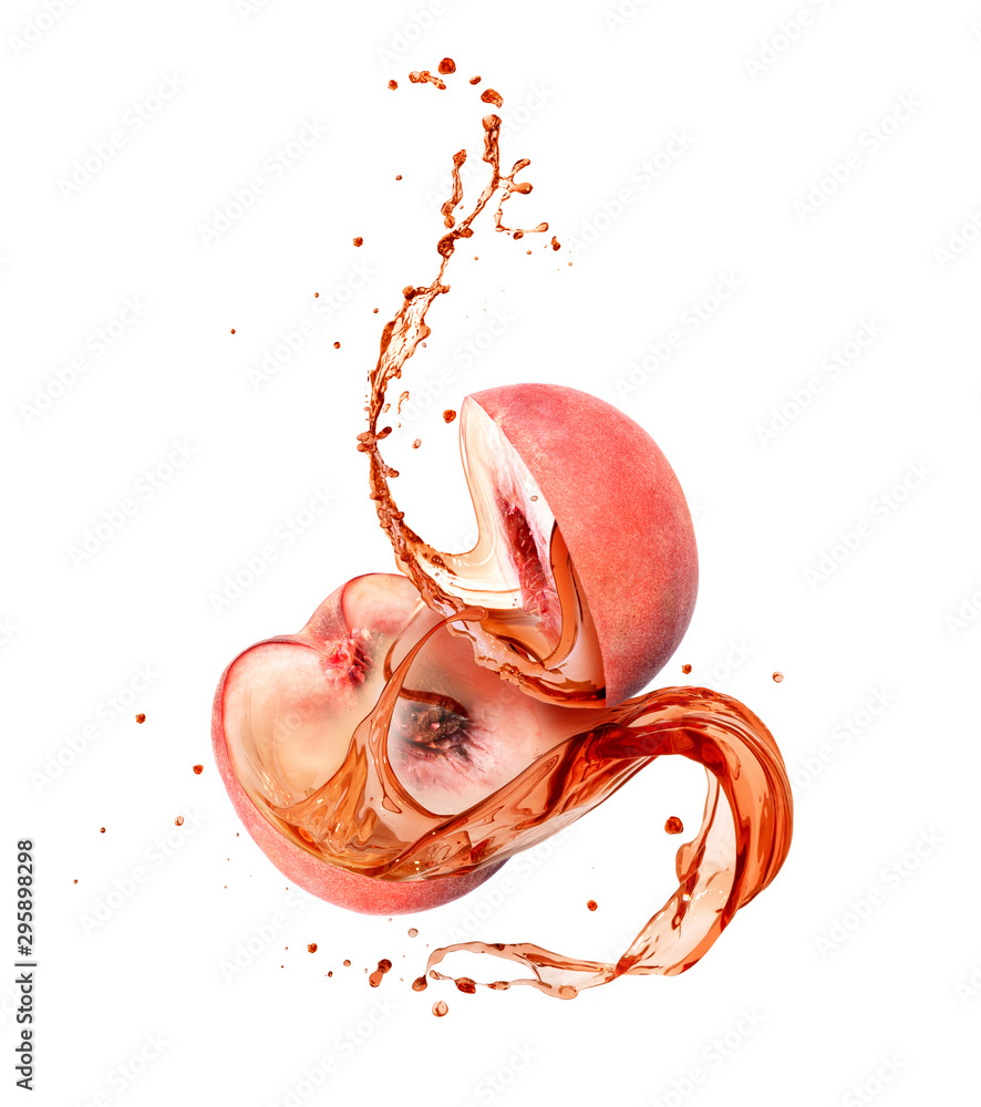 Juice splashes out from the cutted peach on a white background - obrazy, fototapety, plakaty 