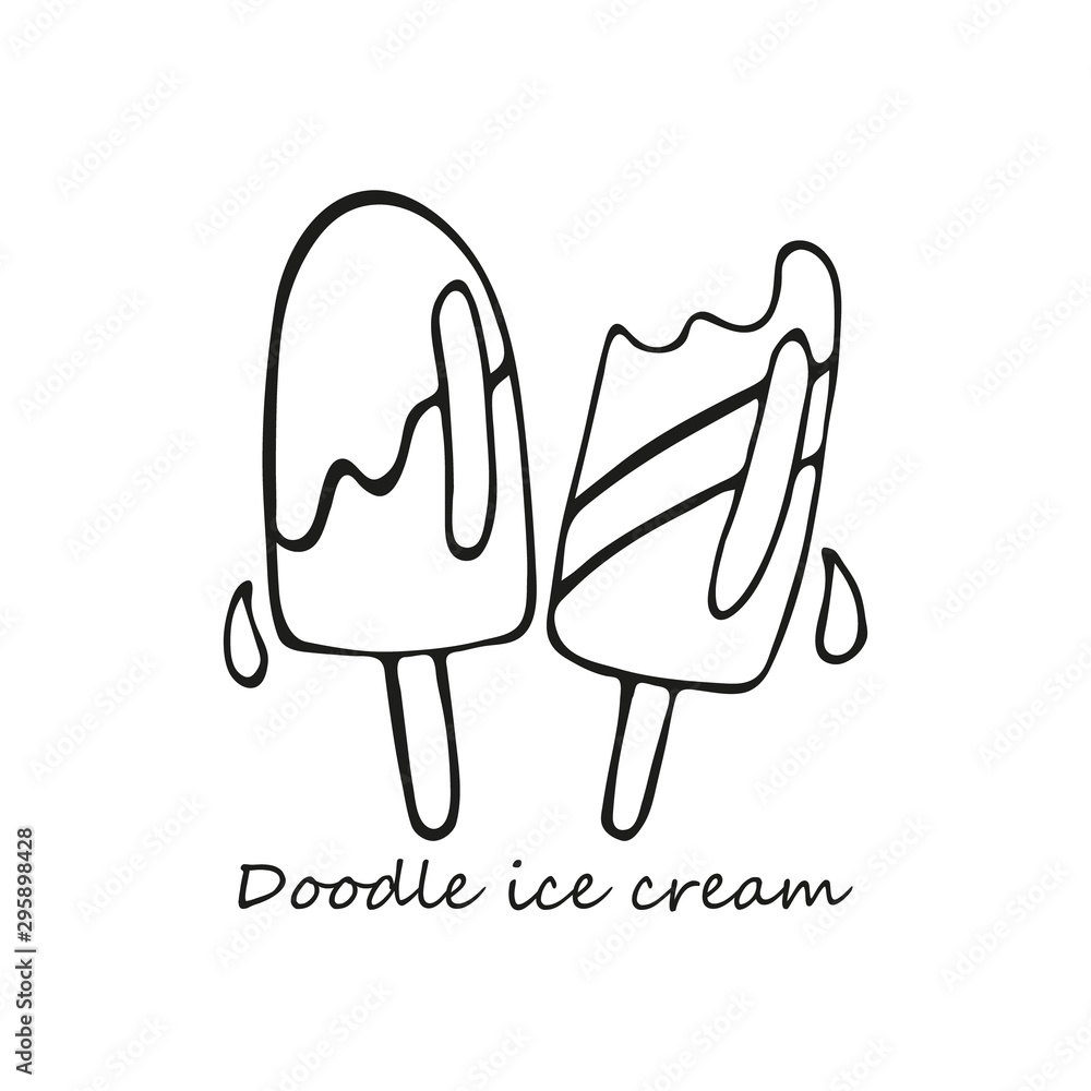 Two hand-drawn melting ice creams, popsicles. In doodle style, black outline isolated on a white background. For banners, cards, coloring books, design, business. Vector illustration Two hand-drawn melting ice creams, popsicles. In doodle style, black outline isolated on a white background. For banners, cards, coloring books, design, business. Vector illustration