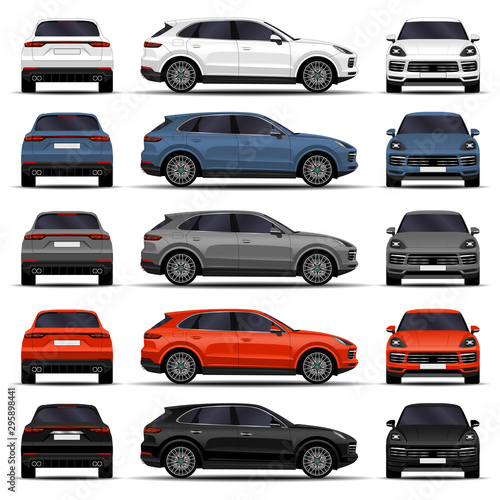 realistic SUV car. cars set. front view; side view; back view.