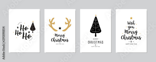 Set of christmas and happy new year greeting cards with lettering calligraphy decorative ornament elements. photo