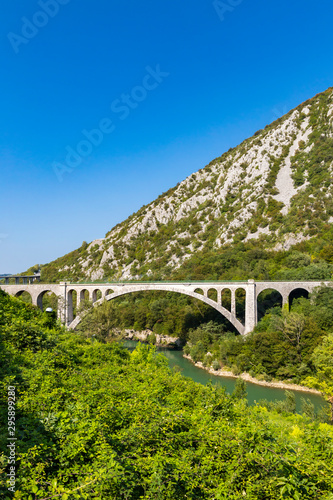 Solkan bridhe on the River Soca, Slovenia photo