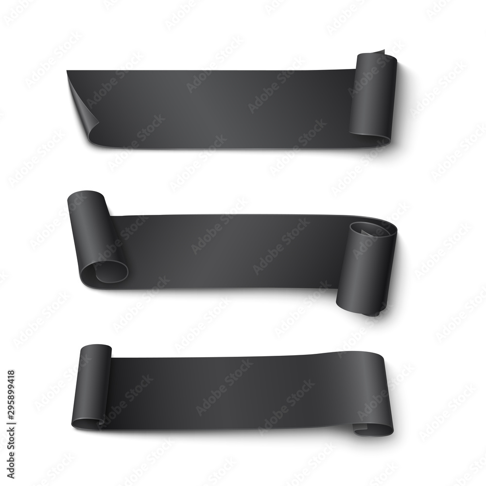 Set of short curved black ribbons isolated from the background. 3D realistic roll stickers for black friday ads. Vector elements for design of banners and flyers with discounts or special offers. Set of short curved black ribbons isolated from the background. 3D realistic roll stickers for black friday ads. Vector elements for design of banners and flyers with discounts or special offers.