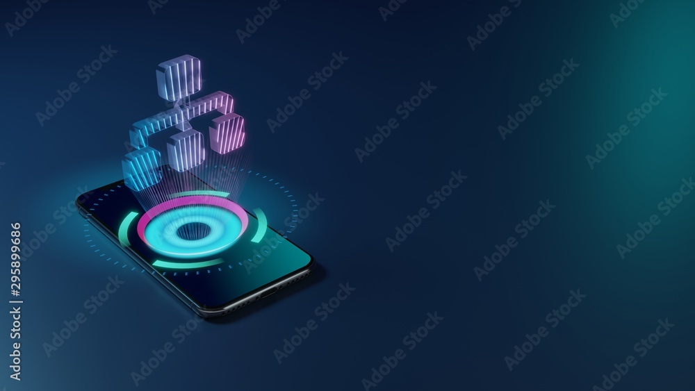 3D rendering neon holographic phone symbol of sitemap icon on dark background - obrazy, fototapety, plakaty 