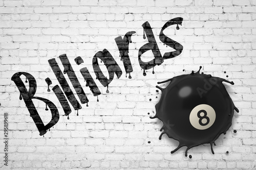 Fotografie 3d rendering of white brick wall with title 'Billiards', and black billiards ball with number 8 smashed into wall