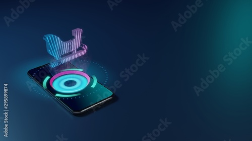 3D rendering neon holographic phone symbol of sleigh icon on dark background