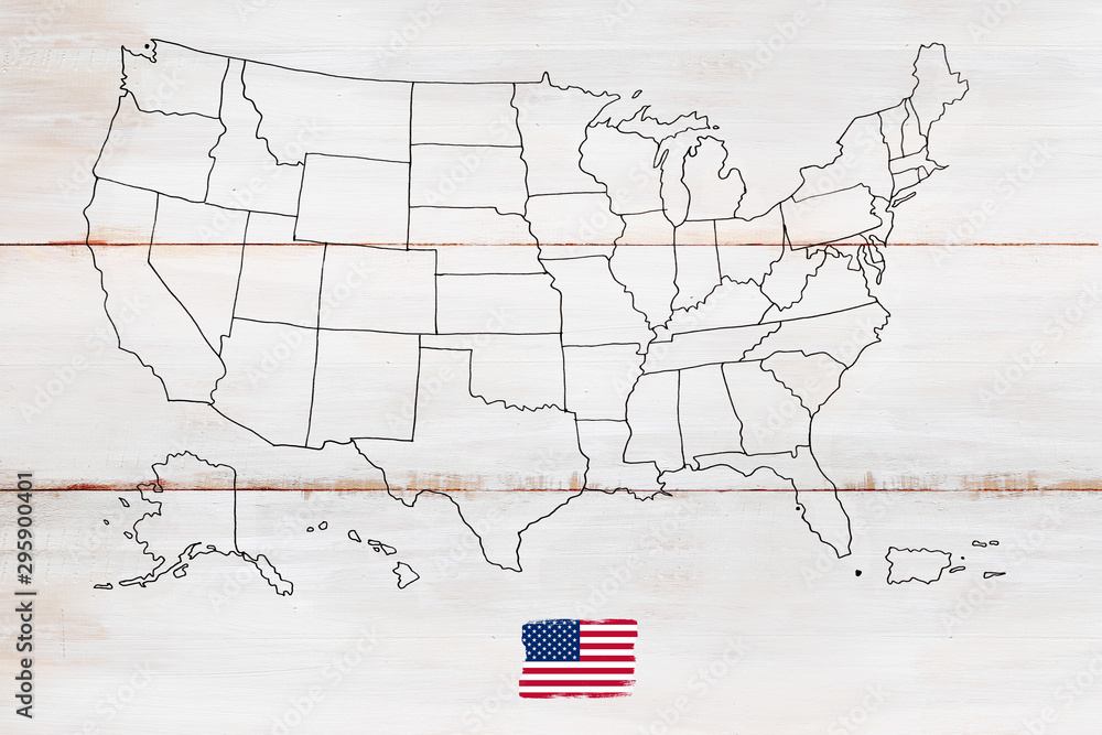 Hand-drawn USA map on a light wooden background
