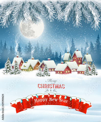 Merry Christmas Background with branches of tree and winter village.Vector