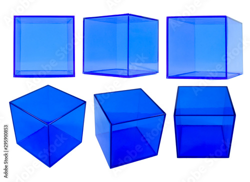 Blue plastic cube in various angles.