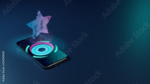 3D rendering neon holographic phone symbol of star  icon on dark background