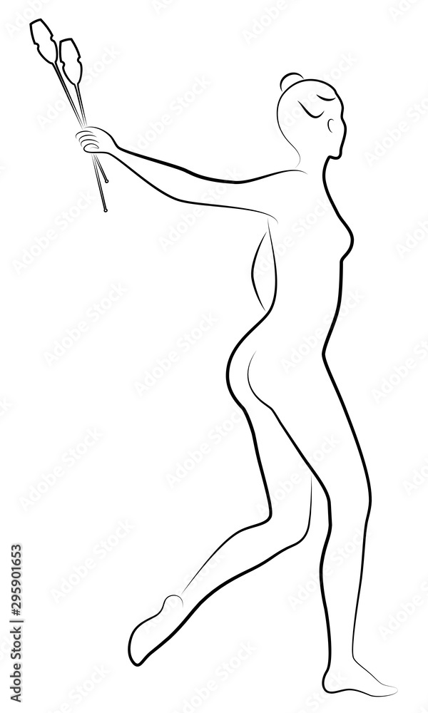 Rhythmic gymnastics. Silhouette of a girl with maces. Great gymnast. The woman is slim and young. Vector illustration. Rhythmic gymnastics. Silhouette of a girl with maces. Great gymnast. The woman is slim and young. Vector illustration.