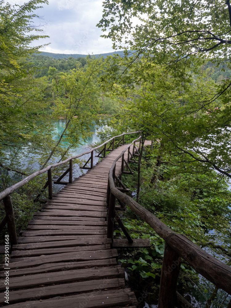 Croatia, august 2019: Picturesque view of Plitvice National Park. Colorful summer scene of green forest with pure water waterfall. Great countryside landscape of Croatia.