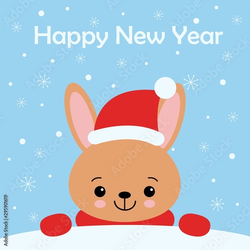 Cute rabbit card. Santa Claus hat on bunny vector illustration. New Year square banner with smiling bunny. Winter holiday package design. Flat forest animal.