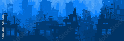 cartoon blue city panoramic background with different houses