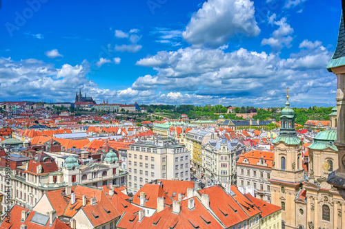 An aerial view of Prague, Czech Republic and Prague Castle on a sunny day.