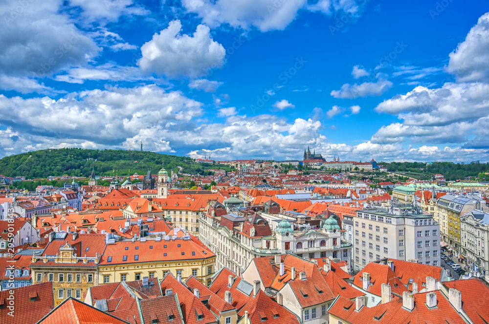 An aerial view of Prague, Czech Republic and Prague Castle on a sunny day.