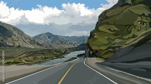 highway background among mountains by the river