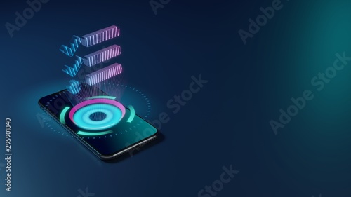 3D rendering neon holographic phone symbol of tasks icon on dark background