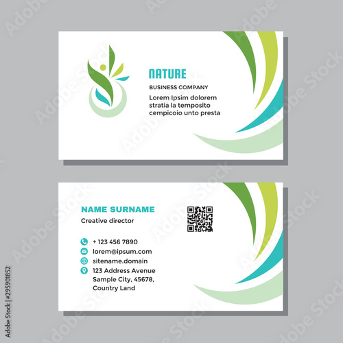 Business visit card template with logo - concept design. Nature green leaves human branding. Vector illustration. 