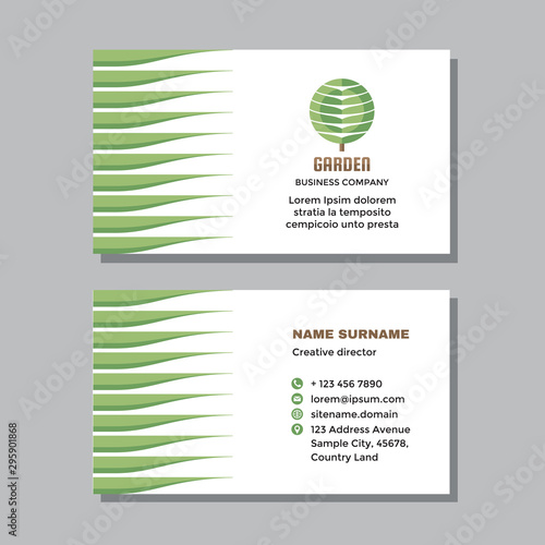 Business visit card template with logo - concept design. Nature tree green branding. Garden sign. Vector illustration.  photo